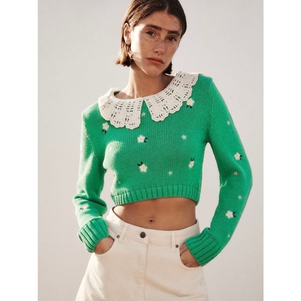 NEW ZARA Women’s Small Floral Embroidered Cropped Sweater